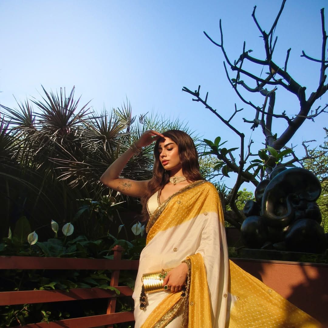 Khushi Kapoor's summery Raw Mango sari features dancing peacock motifs