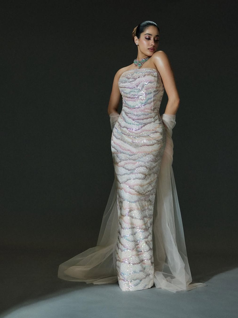 Image may contain Janhvi Kapoor rahul mishra Dress Formal Wear Fashion Gown Wedding Wedding Gown and Evening Dress