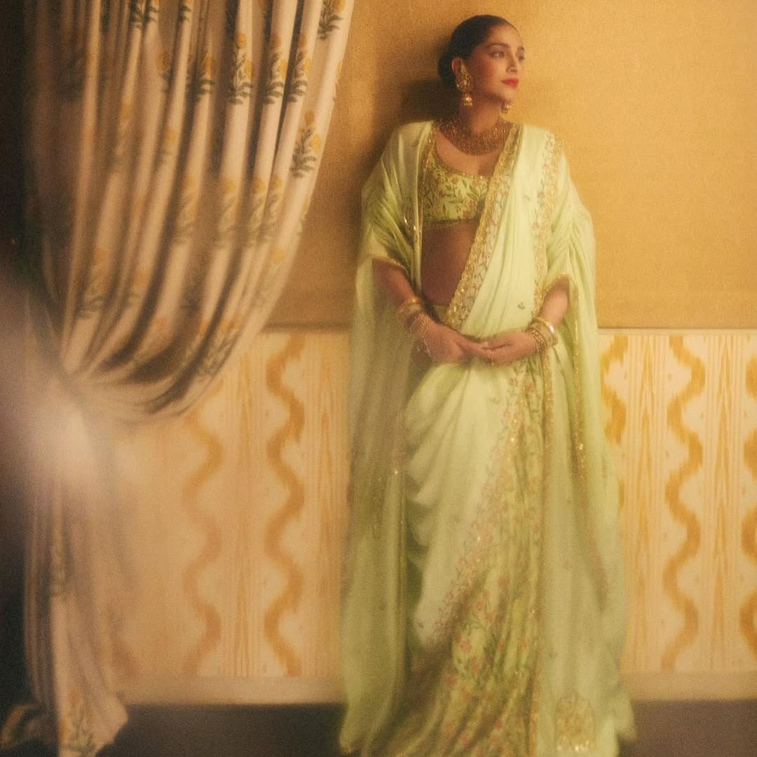 Sonam Kapoor’s lime Shehlaa Khan ensemble reworked Mughal florals in paint and zardozi